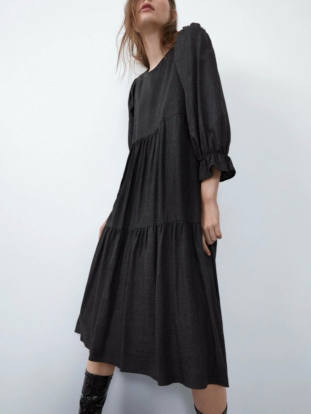 NWT Zara women gray flowing tiered with puff sleeves & round neckline,size XS